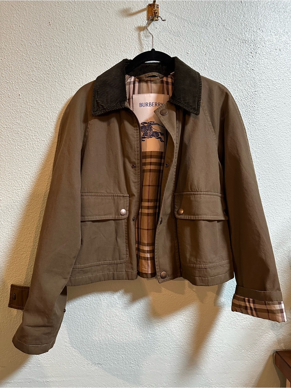 Burberry Olive Green Utility Jacket with Dark Corduroy Collar